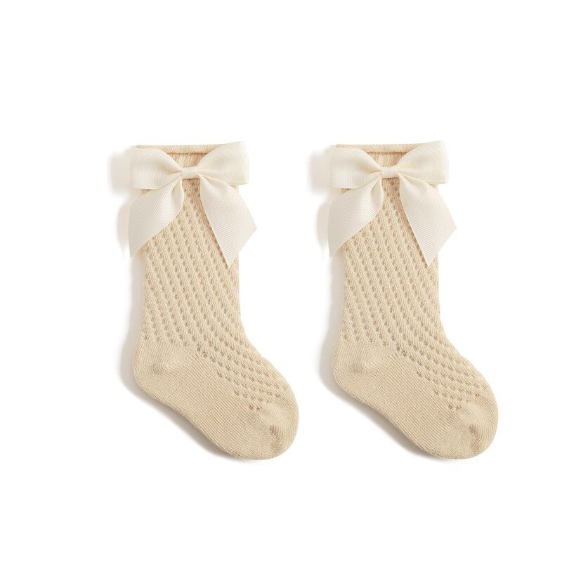 Verão crianças meias floral grande arco crianças meninas joelho alta meia longa algodão macio oco para fora meias do bebê malha menina princesa socken: 3 / 3-5years