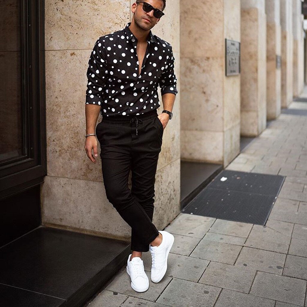 Mænds afslappet afslappet, langærmet polka-dot-printet skjorte top streetwear camisa masculina