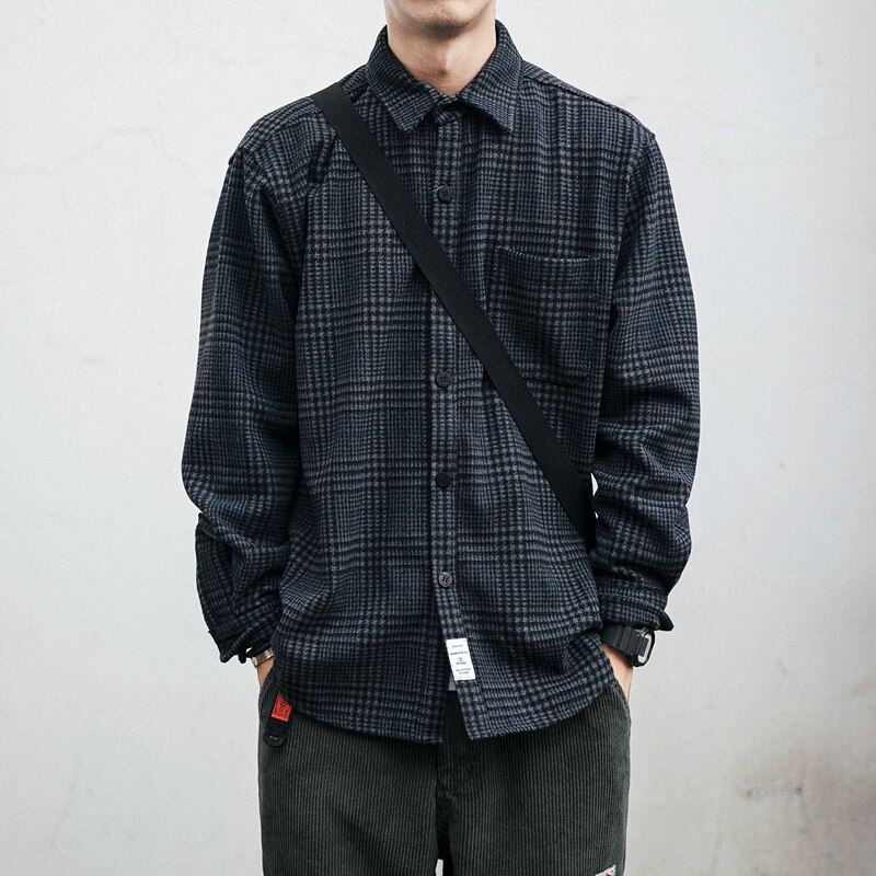 Tjock ylleskjorta herrkläder japanska streetwear kavajslag långärmad ledig rutig topp harajuku kappor manlig