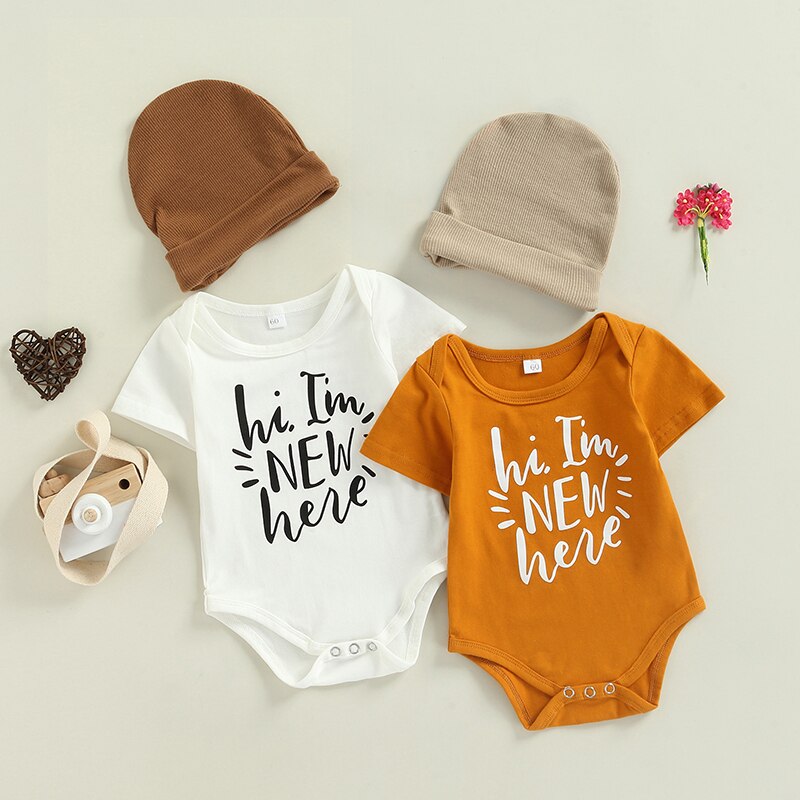 Vestiti estivi della tuta della manica corta del collo rotondo della stampa della lettera del pagliaccetto dei neonati delle neonate con il cappello