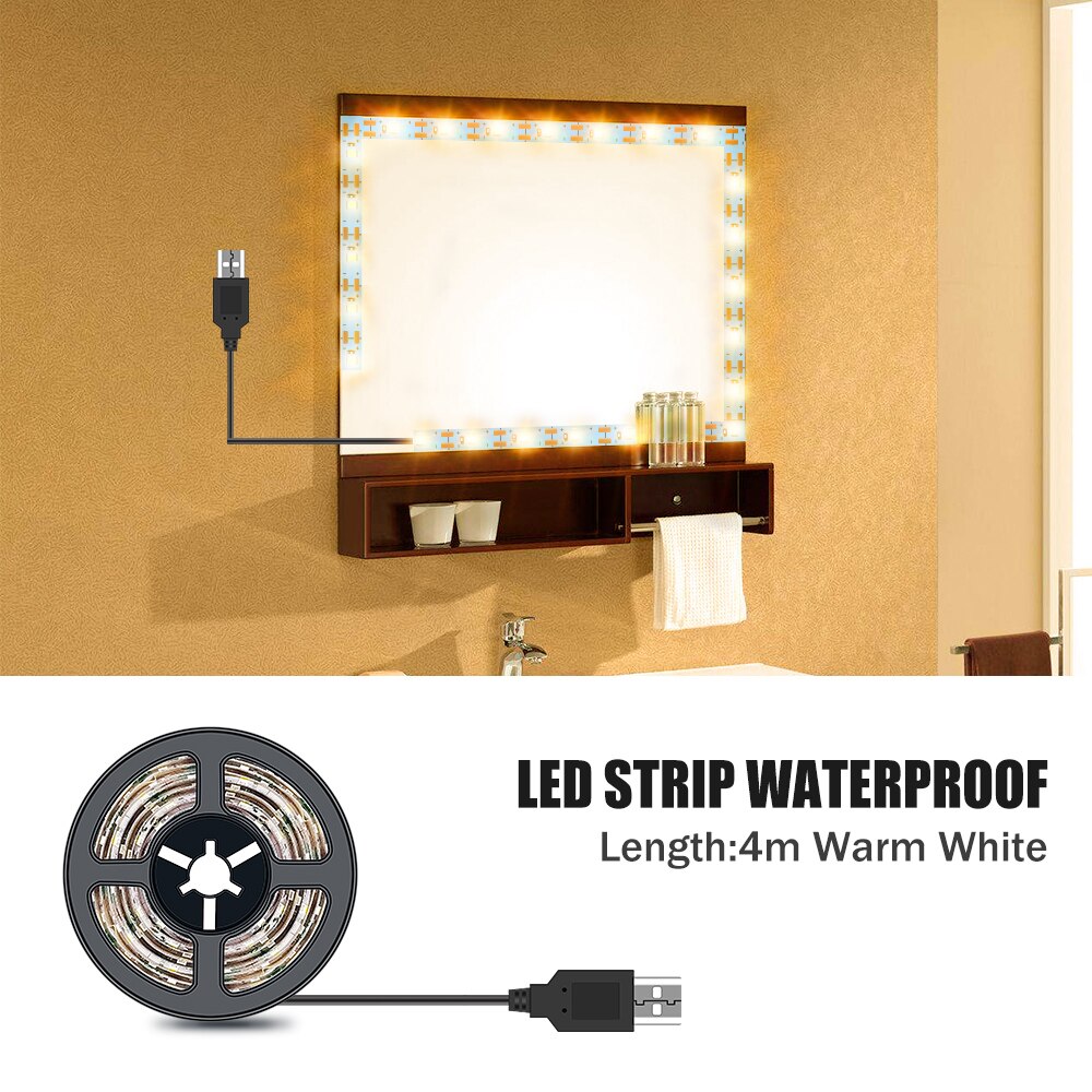 Luz LED para espejo de maquillaje, luces de tocador Hollywood impermeables de 5V, 1M, 2M, 3M, 4M, 5M, para decoración de baño: 4M  Warm White