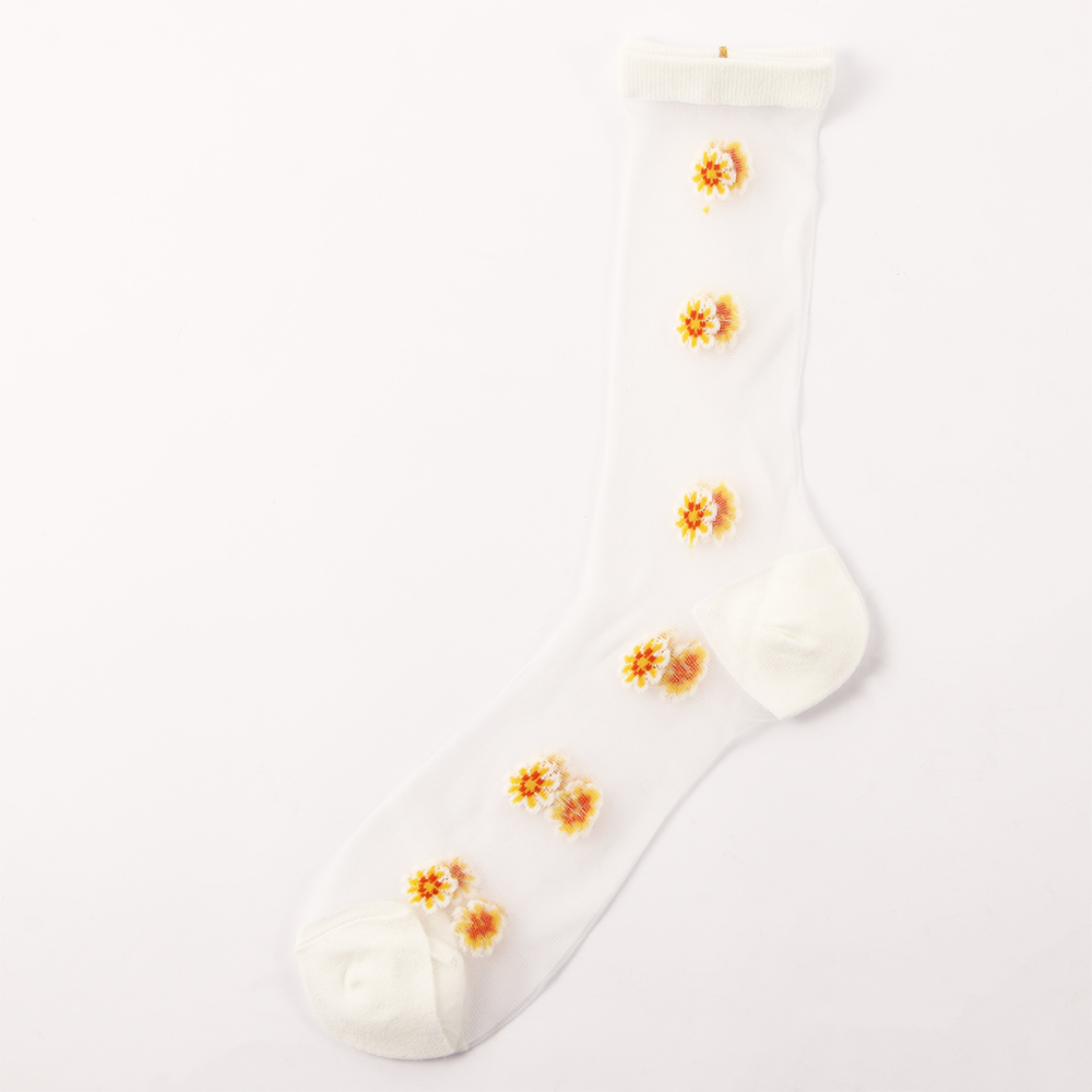Ventilerande bomull sommar söt söt blomma strumpor nylon genomskinliga strumpor glas siden strumpor: Vit