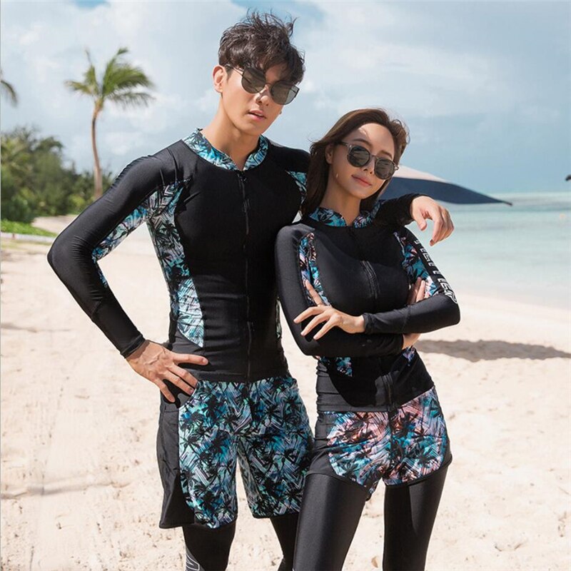 Top koreanske par udslæt vagt badetøj til mand og kvinde elskere surfing badedragt front lynlås rashguard