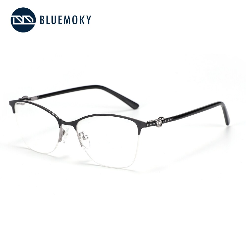 BLUEMOKY Alloy Metal Half frame Glasses Frames Semi-Rimless Spectacle Eyeglasses Frame for Women Prescription Optical Eyewear: Black