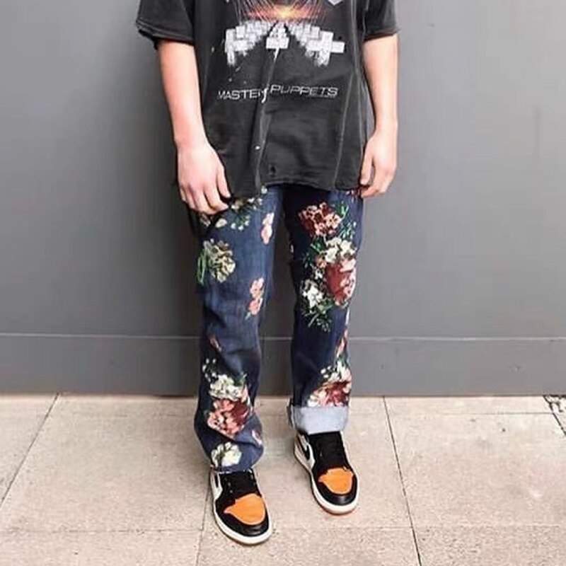 High Street Hand Painted Floral Jeans Mens Straight Oversized Retro Casual Denim Pants Loose Washed Ripped Jean Trousers