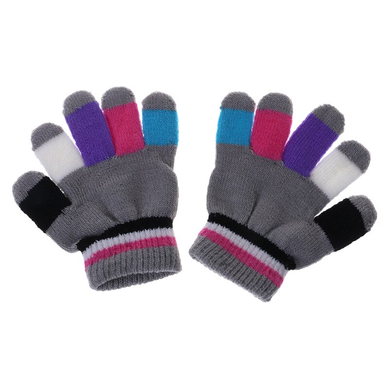 1 Pair Kids Gloves Full Finger Warm Winter Children Colorful Stripe Knitted Boys Girls Solid Glove Multi Color Elastic