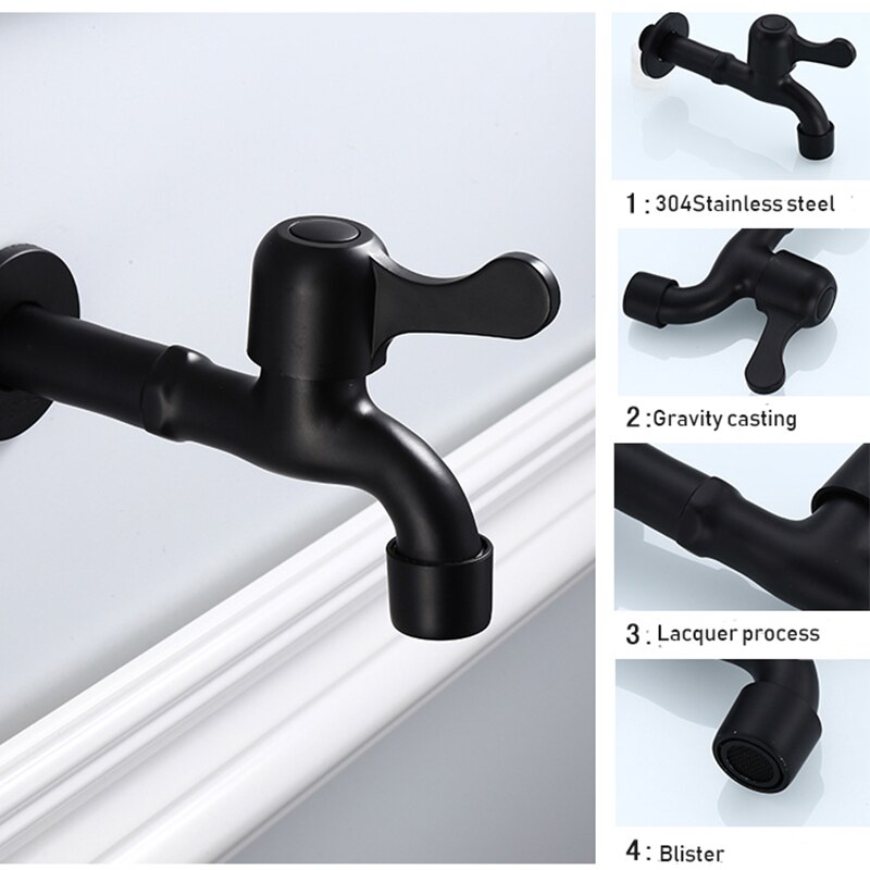 Badkamer Zwart Single Koude Kraan Muur Enkele Tik Koud Water Kraan Tuin Black Tap,4 Punten Kraan Kraan-Korte Een