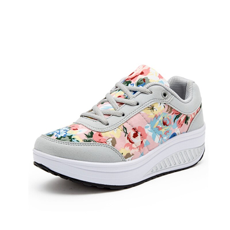 Breathable Women Toning Shoes Flower Printed Comfortable Thick Soles Heighten Swing Shoes Platform Wedge Sneakers