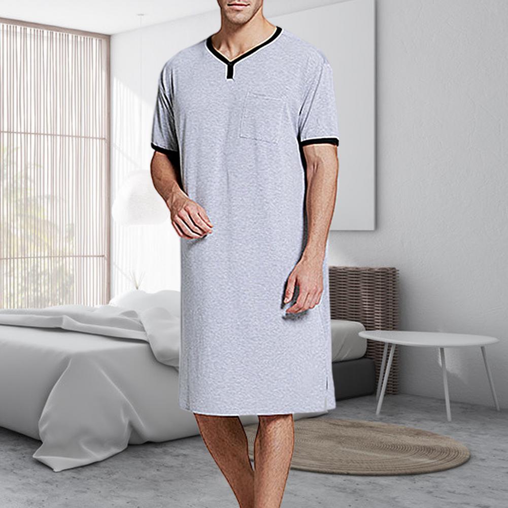 Mannen Slaap Gewaden Korte Mouw O Hals Pocket Nachthemd Zachte Losse Knielange Nachtjapon Homewear Heren Badjassen