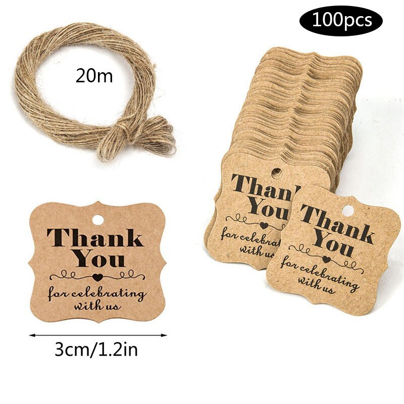 100PCS Kraft Paper Tags DIY Handmade Thank You Multi Style Crafts Hang Tag With Rope Labels Wrapping Supplies Wedding Favor: Red