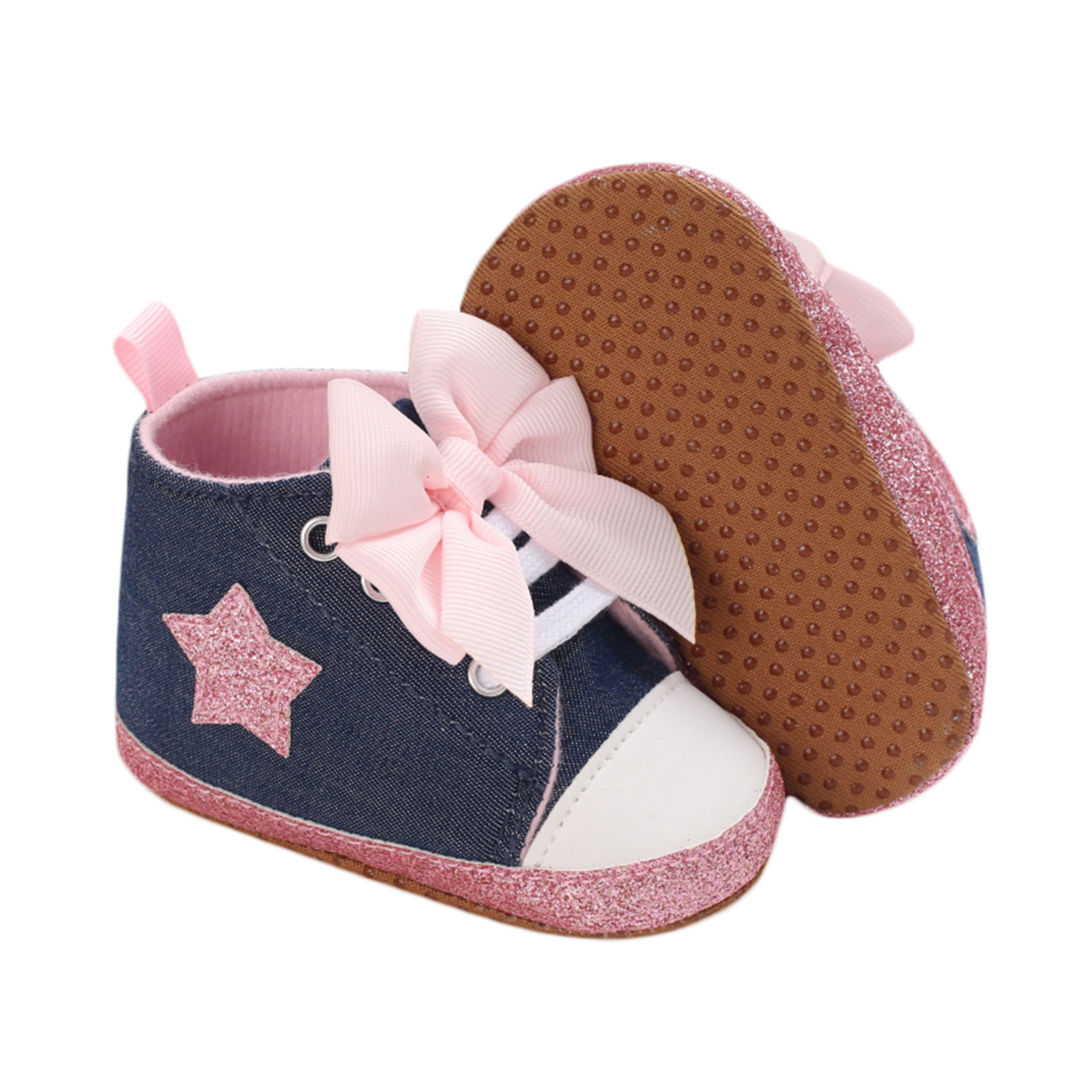 Emmababy – chaussures pour bébé fille, léopard/étoile, cheville haute, nœud papillon, marche, semelle souple, d'anniversaire, première marche: 04 / 13-18 Months
