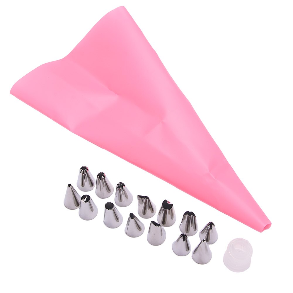 16 uds/Set de manga pastelera de silicona para glaseado bolsa de crema pastelera + 14 Uds boquilla de acero inoxidable adaptador de boquillas de manga pastelera DIY herramientas de decoración de pasteles: Pink