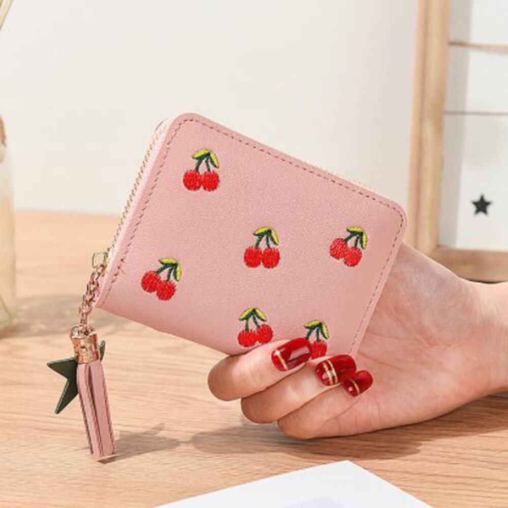 PU Cherry Embroidered Short Women Wallet Zipper Coin Purse Tassel Women Clutch Purses Cards Holder Coin Pocket