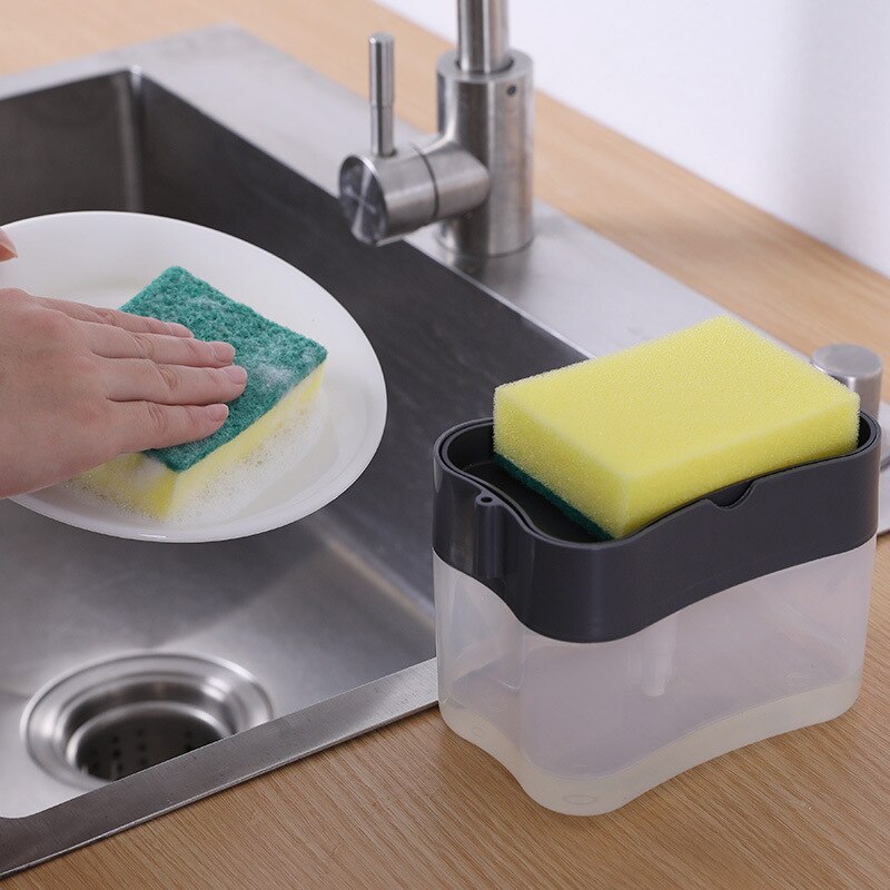 Soap Dispenser with Spong 2-in-1 Manual Press Liquid Soap Dispenser Soap Pump Sponge Caddy Kitchen Cleaning Tools