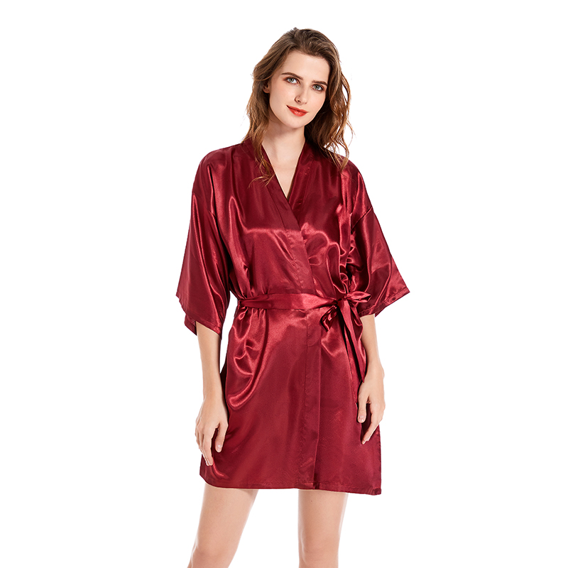 Robe Kimono Sexy en Satin Pur pour Femme, Vêtement Court, avec Col en V Oblique, pour Patients: XL / Rouge