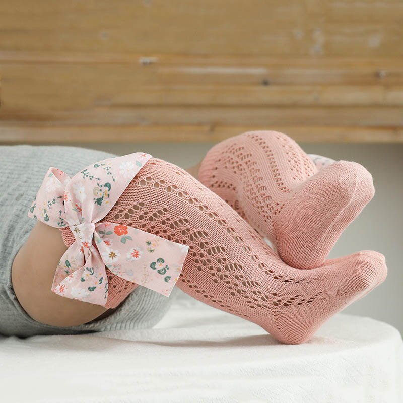 Calzini per bambini a fiori calzini estivi traspiranti per bambini calzini alti per bambina fiocchi stampati calzini lunghi per bambini sottili vuoti: Pink