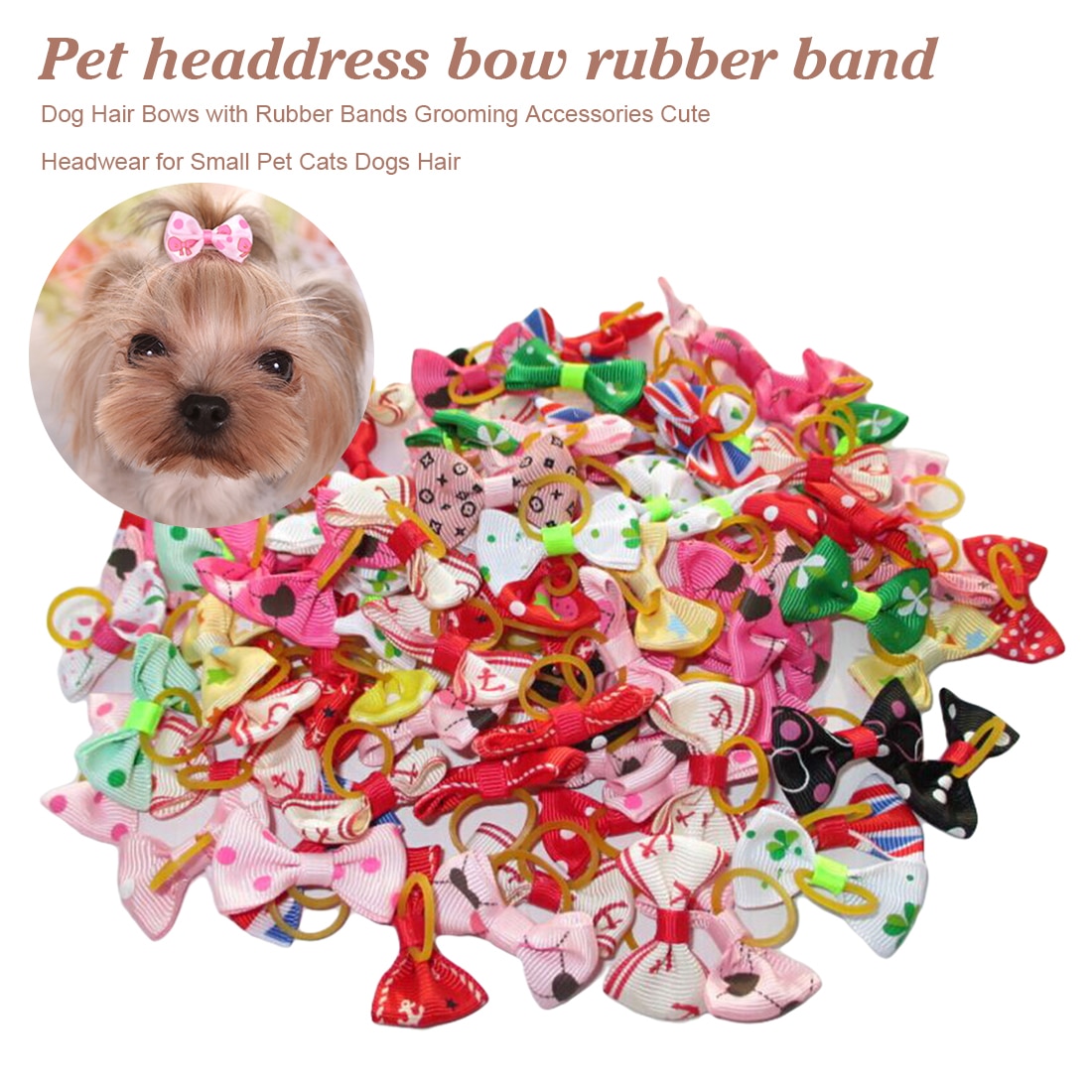 Mix Colors 20Pcs Cute Ribbon Pet Grooming Accessories Handmade Small Dog Cat Hair Bows With Elastic Rubber Band