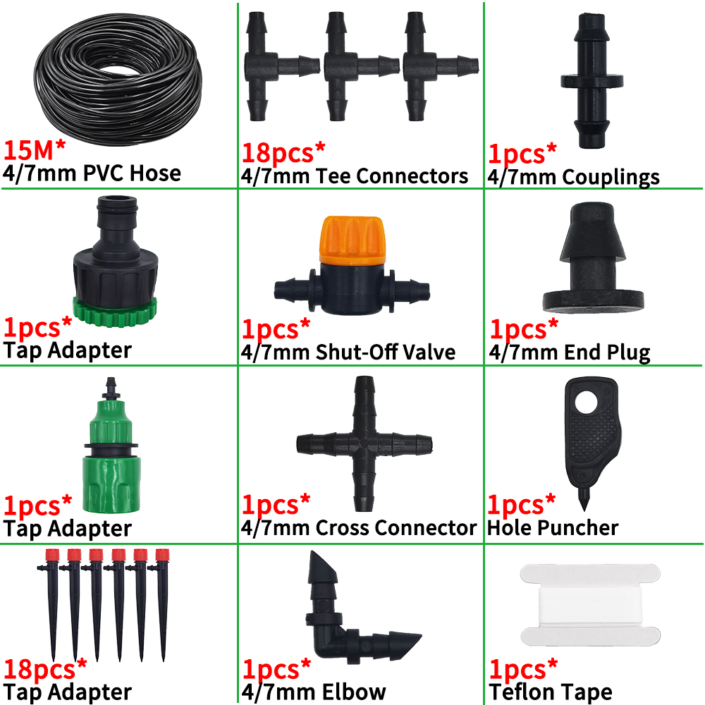 Garden Drip Irrigation System Adjustable Sprinkler Drippers 1/4'' Hose Ball Valve Timer Watering Flowers Lawn Greenhouse: Red