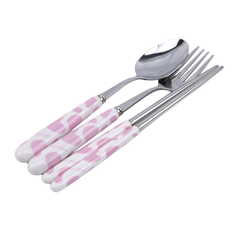 3PCS/Set Cute Fork Spoon Cutlery Set Cartoon Handle Stainless Steel Children Tableware Student Girl Boy Picnic Lunch Tableware: 3pc pink