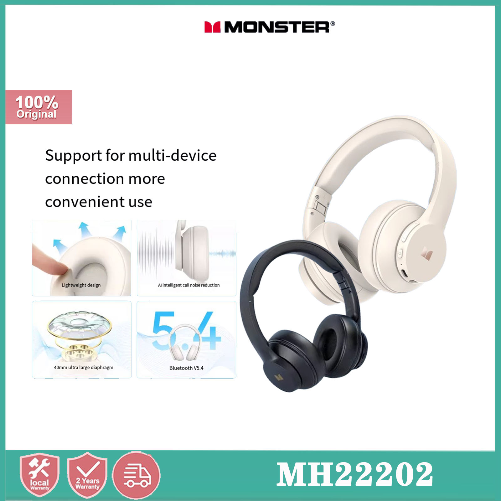 Monster MH22202 Op het hoofd gemonteerde Bluetooth 5.4-oortelefoon HD Oproep Ruisonderdrukking Muziek Gaming-hoofdtelefoon Lange batterijduur