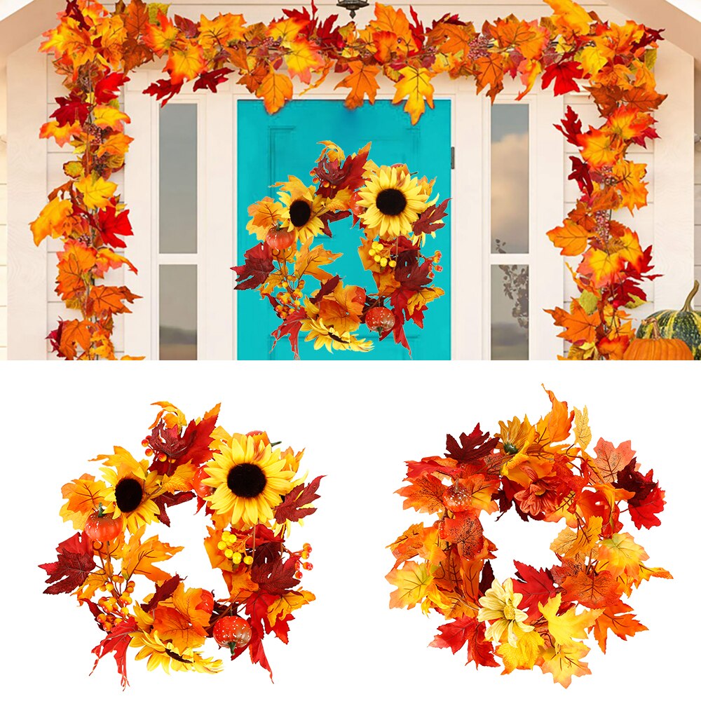 Feuilles d'érable artificielles guirlandes automne suspendus automne vignes citrouille baies tournesol érable artificiel guirlande rotin décoration de la maison