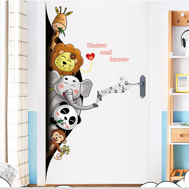 Cartoon Animals 3D Wall Stickers For Kids Room Friendly Panda Elephant Monkey Wallpaper Door Decor