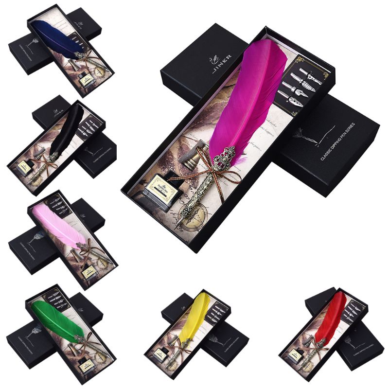 Vintage Handmade Feather Quill Dip Fountain Pen with Ink Nibs English Calligraphy Writing Stationery Wedding 090F