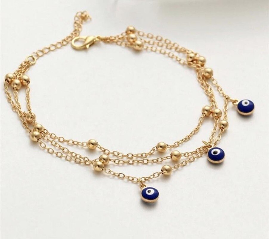 Lucky Eye Blue Turkish Eye Anklet Gold Silver Color Foot Chain Ankle Bracelet Adjustable for Women Girls Jewelry