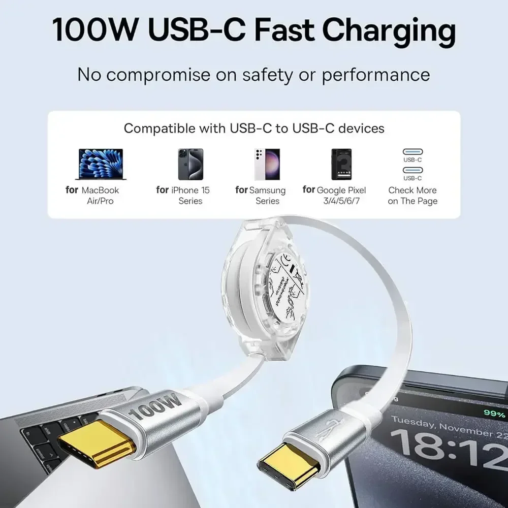 PD 100 W USB C einziehbares Datenkabel, für iPhone 15 Profi Max für MacBook Samsung Schnellladekabel für iPad Typ C Laptop-Schalter
