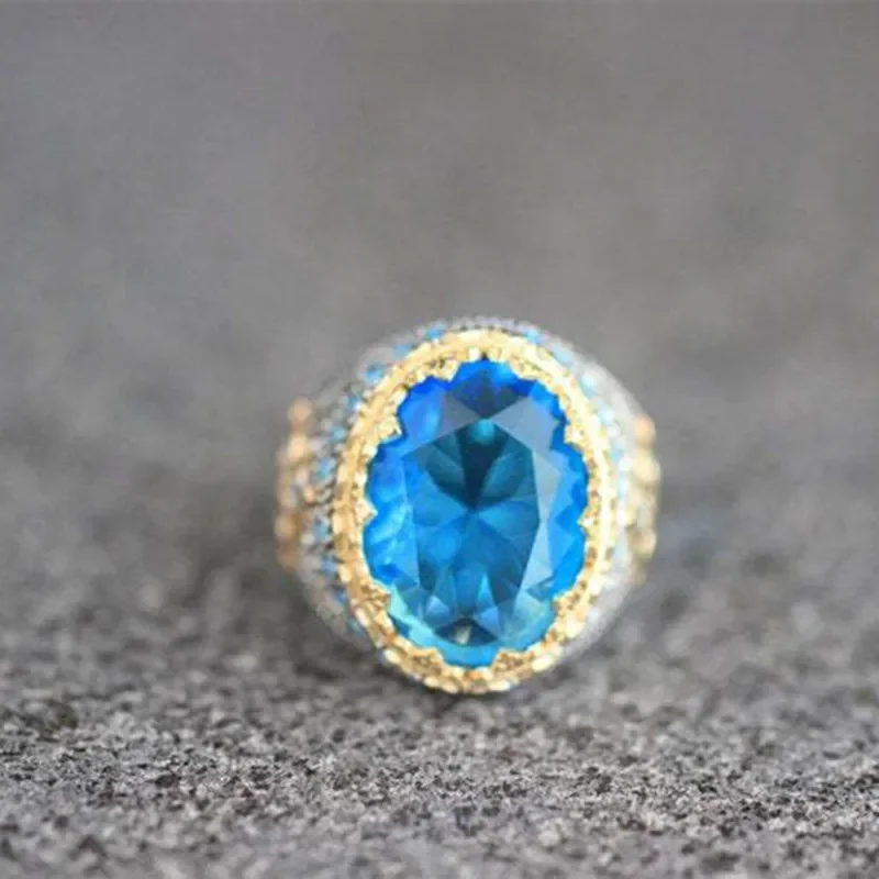 Exquisitos anillos redondos de circón azul con incrustaciones de piedra azul cielo, anillos de boda de compromiso de dos tonos de Metal a la para mujeres y hombres, joyería