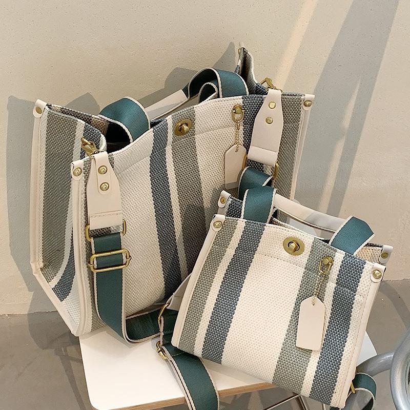 Mode Gestreepte Canvas Vrouwen Schoudertas Grote Capaciteit Shopper Tassen Voor Vrouwen Casual Brede Band Handtas Vrouwen Tas Pendelen tote