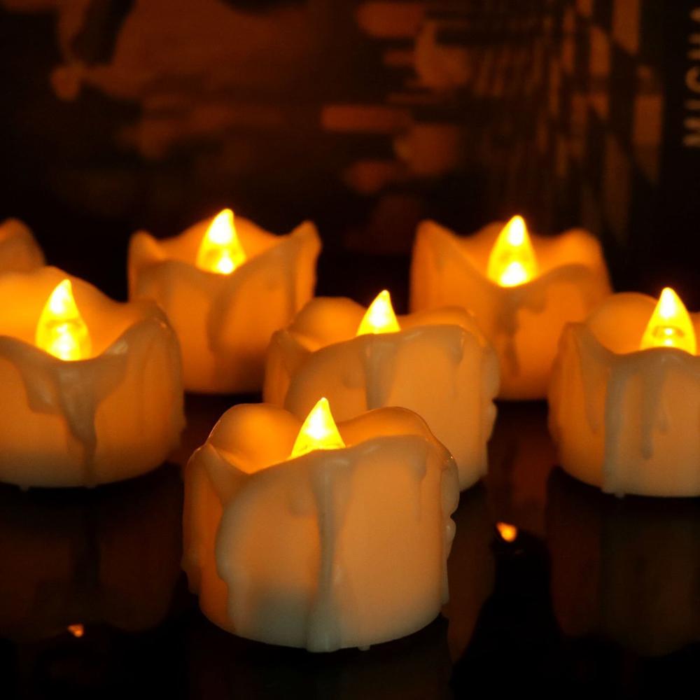 6/12/24pcs Amber Yellow Flickering Timing Flameless LED Tea Light Candles with Timer for Decorations (6 Hrs on 18 Hrs Off)