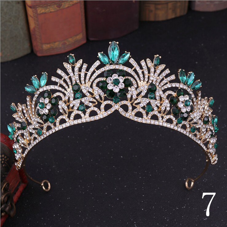 Women girls European Green Crystal Tiaras Vintage Rhinestone Pageant Crown Baroque Bridal Wedding Hair Jewelry Accessories: 7