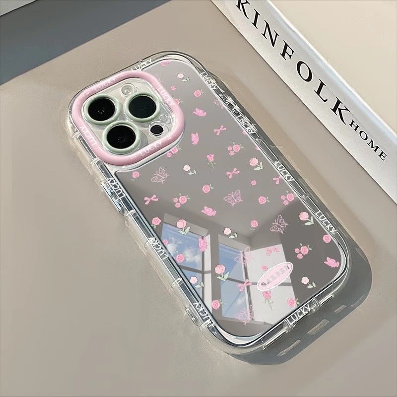 Funda de teléfono con espejo y lazo de flor rosa Simple para iPhone 16 15 14 13 12 11 Pro Max XR XS MAX 7 8 PLUS MINI Y2K, funda a prueba de golpes