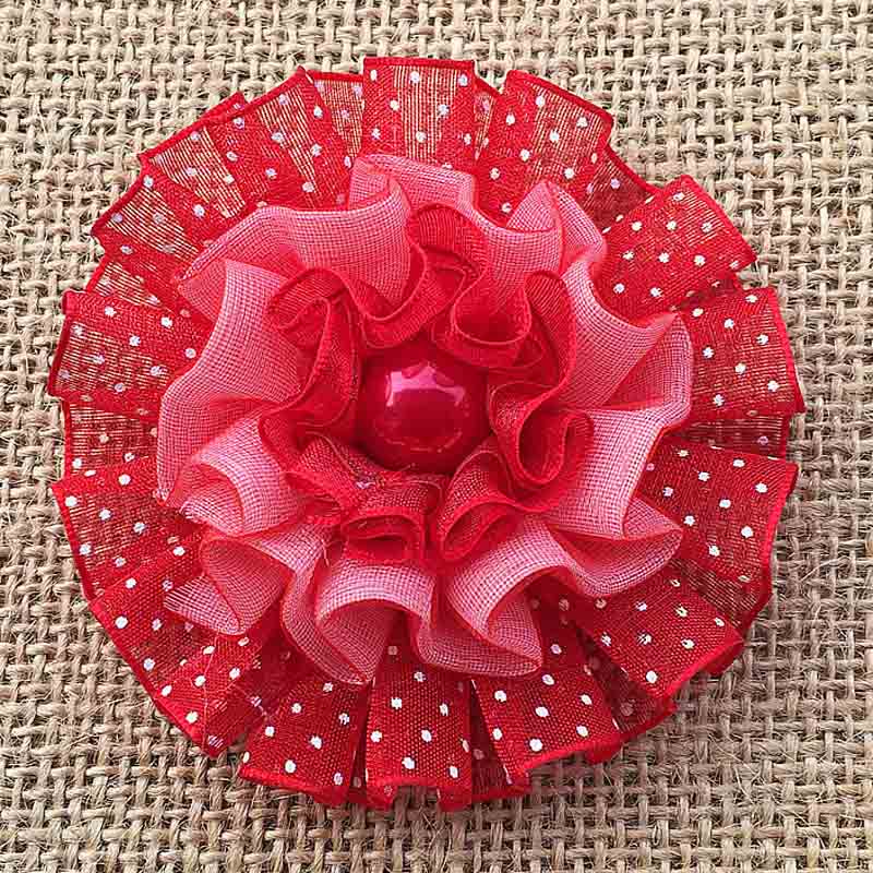 2pcs Cute Yarn ruffle Ellegant Ribbon Flowers rosettes Scrunchy gum for Elastic Hair Band Girls Headwear rubber bands: Red