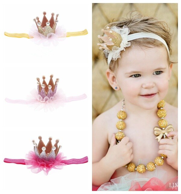 Accessoires de cheveux en dentelle pour bébés filles, couronne florale, perle pour -né, d&#39;anniversaire pour enfants