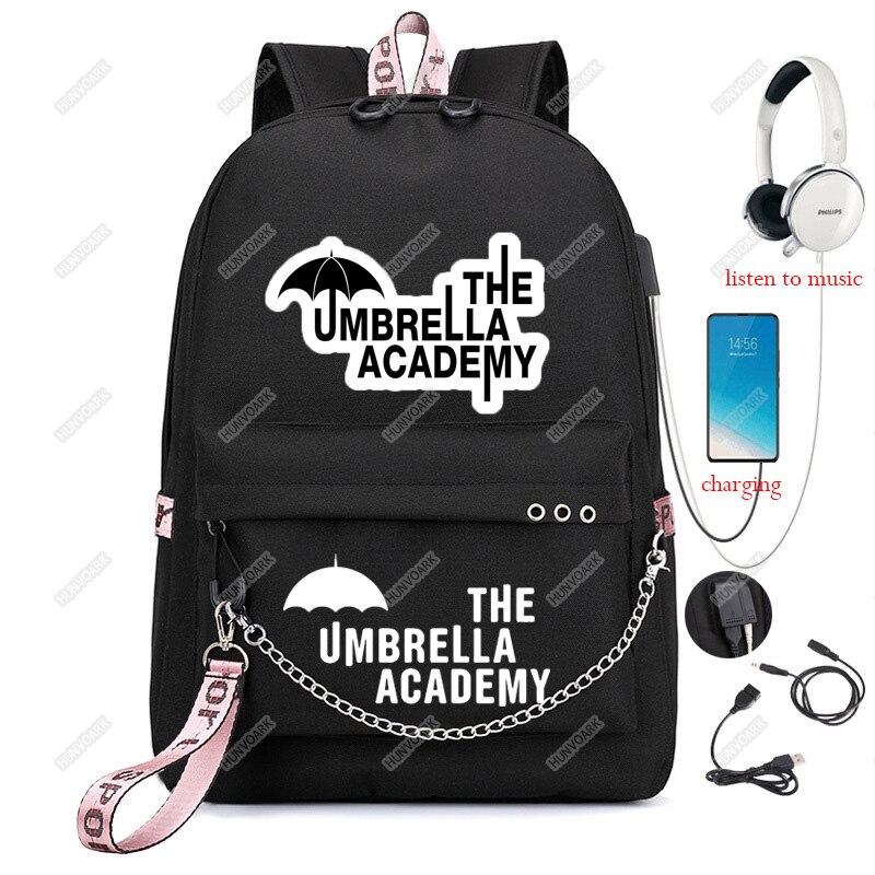 Mochila De La Academia paraguas Usb para hombre y mujer, Bolsa Escolar para ordenador portátil, mochila de viaje, Mochilas de ocio con cadena: Black-3