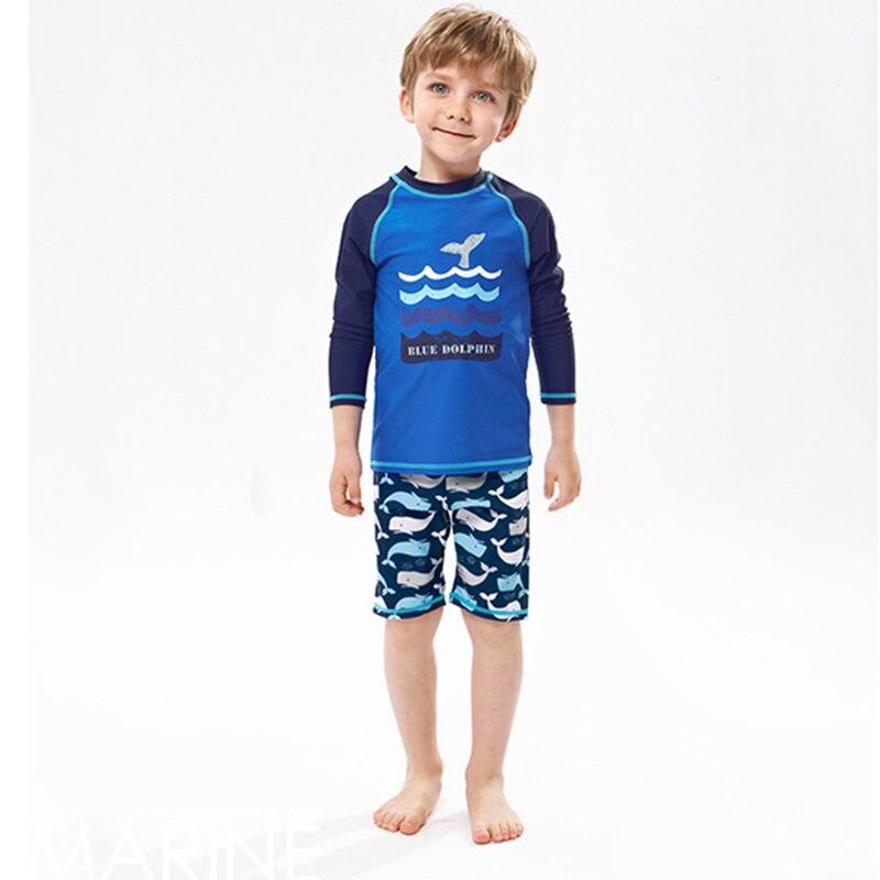 UPF50+ Summer Swimwear kids Boy Child 2pieces Separate Bathing Suit Cartoon Long Sleeved Blue Children's Swimwear Swimming Suit