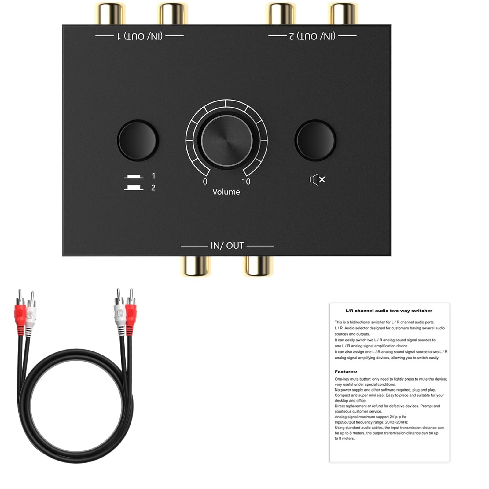 Conmutador bidireccional de Audio estéreo RCA, 2X1/1X2, con botón de silencio, interruptor de Audio estéreo L / R portátil, divisor de Audio