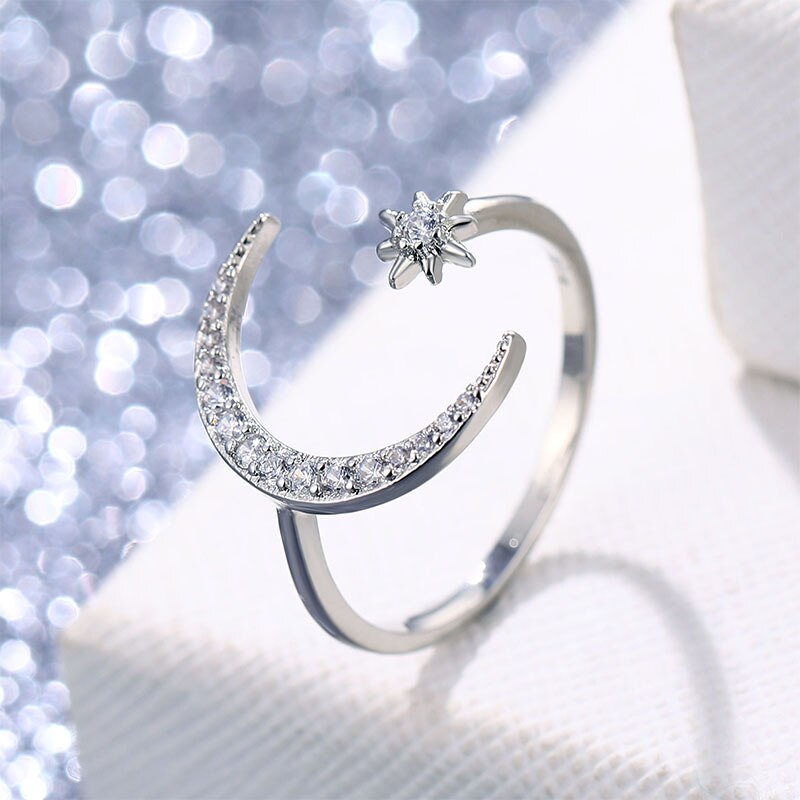 Vienkim Neue Einstellbare Kristall Ring Mond & Sterne blendend offen Finger Ringe Frauen Mädchen Hochzeit Engagement Schmuck