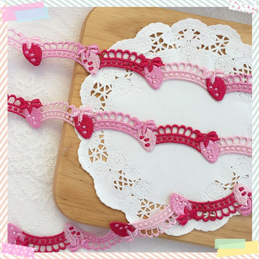 2 Meter 2.6Cm Breed Rood Roze Aardbei Geborduurde Draad Bloem Kant Trim Diy Kledingstuk Accessoires Gehaakte Kant Lint