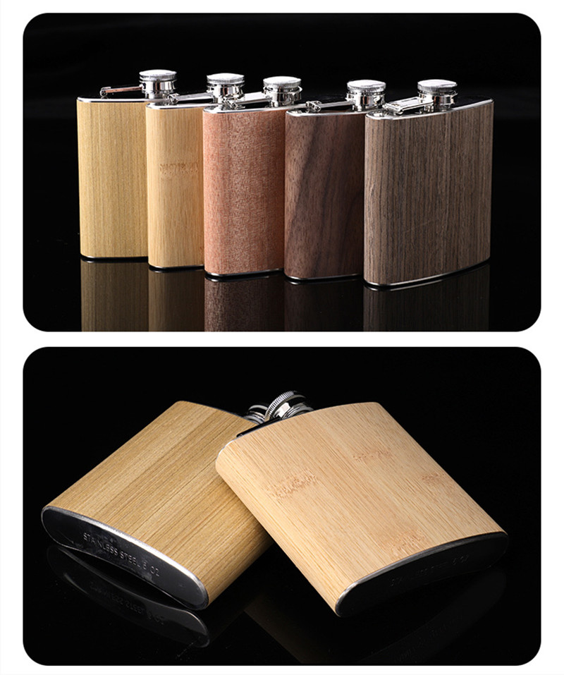 6OZ Wooden Leather Hip Flask Stainless Steel 304 Whiskey Wine Flagon Alcohol Drinking Bottle Travel Drinkware