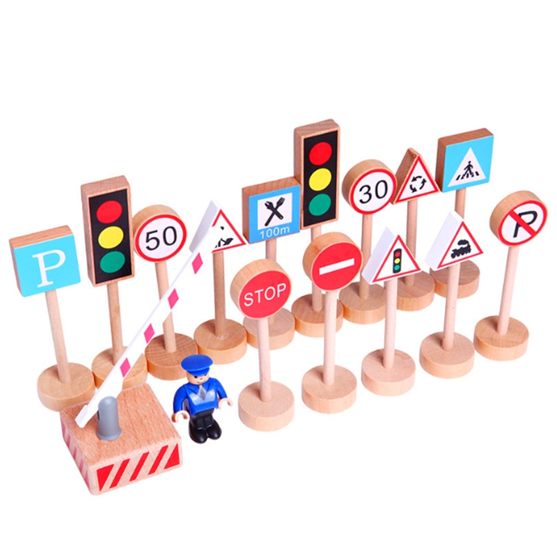 16PCS Colorful Wooden Street Traffic Signs Parking Scene Kids Children Educational Toy Set For Kids Birthday