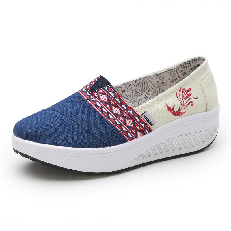 Women Flat Platform Toning Shoes Canvas Slip on Ladies Platform Wedge Fitness Slimming Sneakers Red Blue Women Swing Sneakers: Blue / 36
