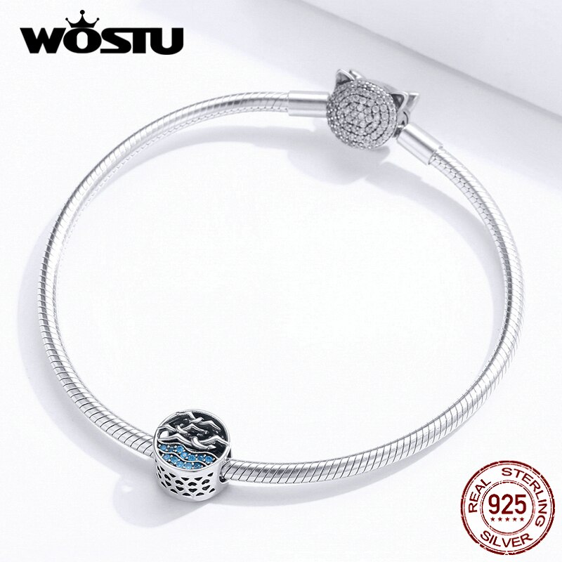 WOSTU Möwen Charme 925 Sterling Silber Blau Zirkon Runde Perlen Anhänger Fit Original Armband Halskette Schmuck CQC1454
