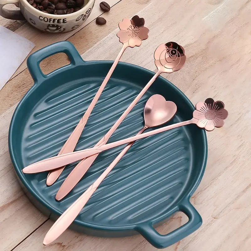 Cucharas largas de acero inoxidable para postre, cuchara de flores de 4 piezas, mango largo dorado, cuchara mezcladora para café y pastel, accesorios de cocina: Grey