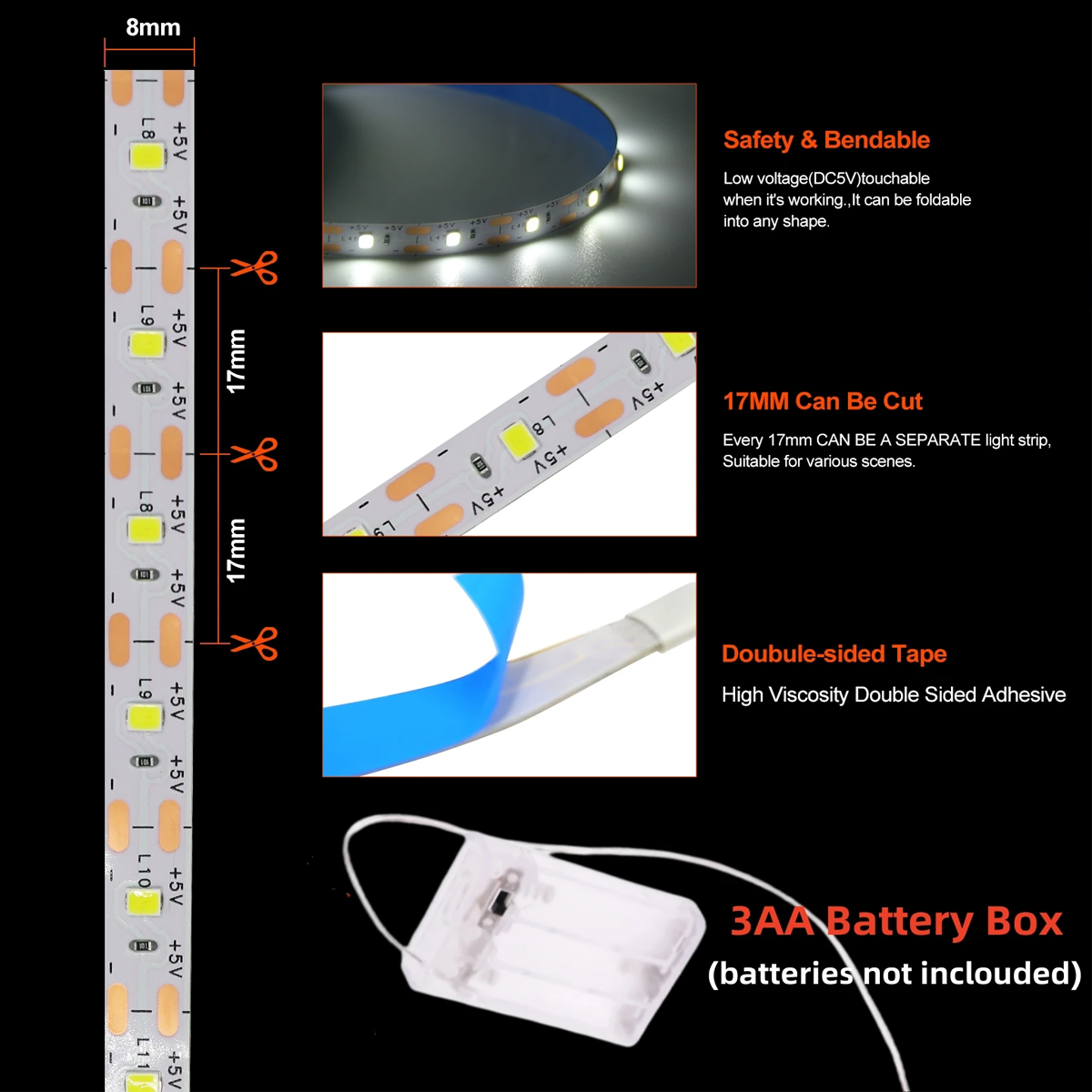 Batteri led-strimmellys 2835 stk . 60 stk. perler /m 5v 8mm boligindretning skab blå baggrundsbelysning lyserød natlampe