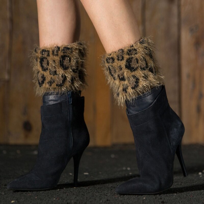 Luipaard Beenwarmers Vrouwen Patchwork Thermische Acryl Gebreide Boot Manchetten Sokken Cover Schoen Accessoires