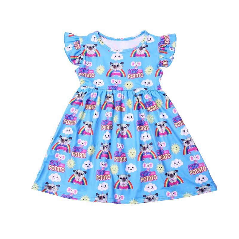 Robe en soie pour enfants, tenue de Boutique, manches perles bleues, longueur aux genoux, vêtements trapèze,: Blue / 4T