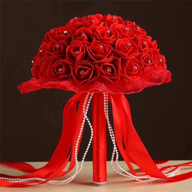Amor boda Ramos de dama de honor boda decoración hecha a mano PE Artificial flores falsa Perla Ramos Rosa